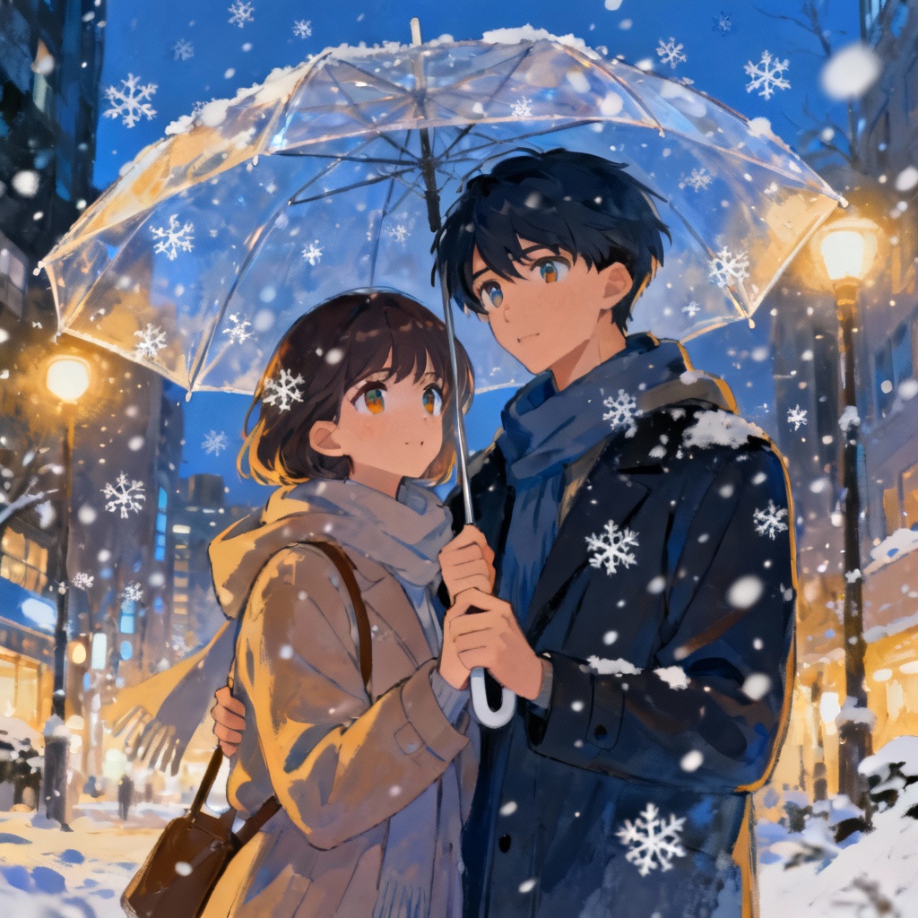 Anime couple under umbrella in a snowy city night