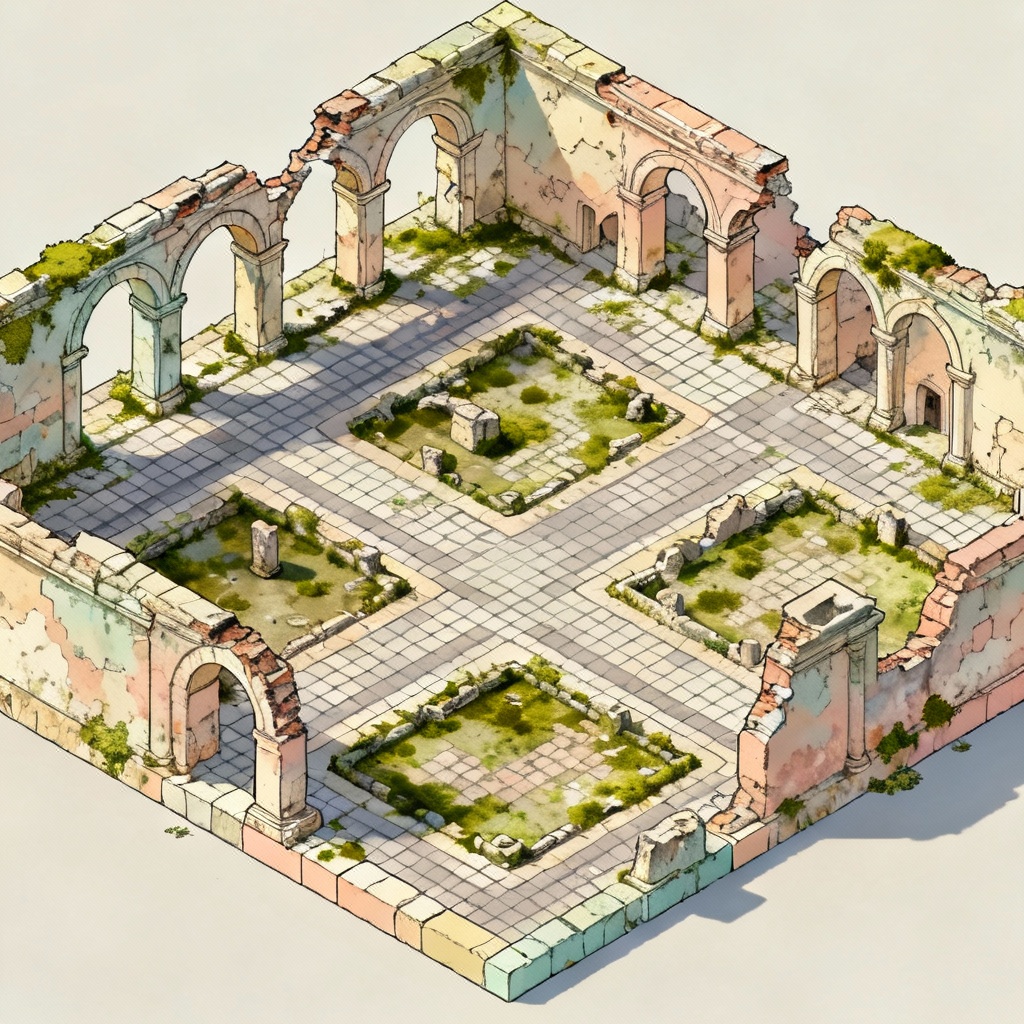 Isometric map of an ancient ruined city