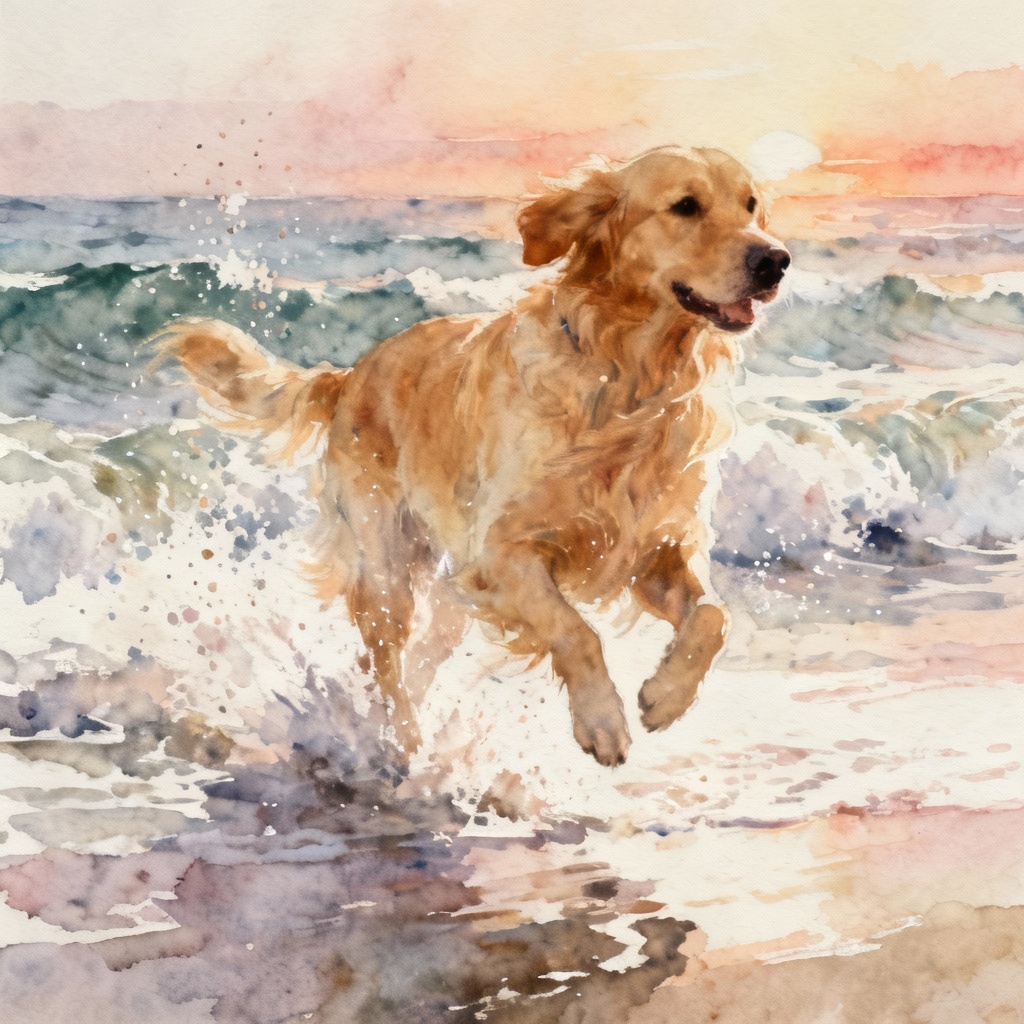 Watercolor golden retriever running on the beach