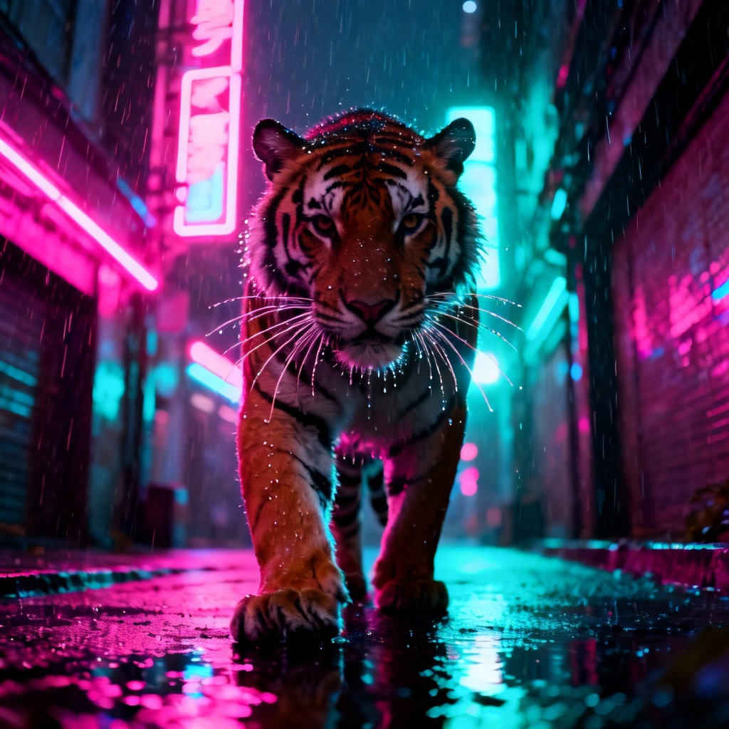 Cyberpunk tiger under neon signs at night