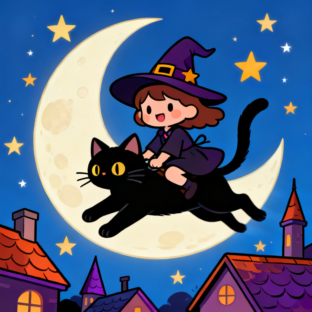 Cartoon witch riding a flying black cat over a moonlit town