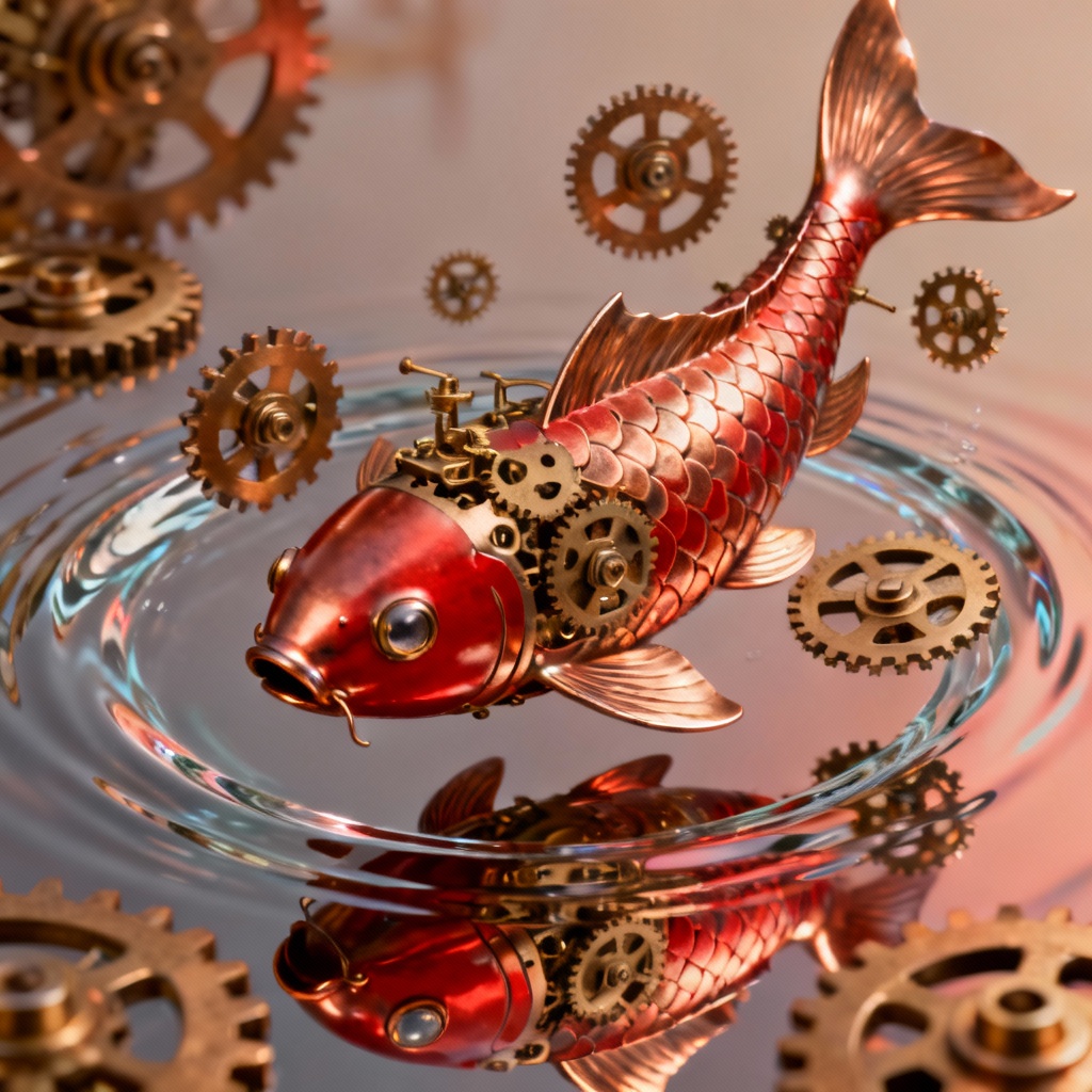 AI koi fish guardian deity with clockwork design