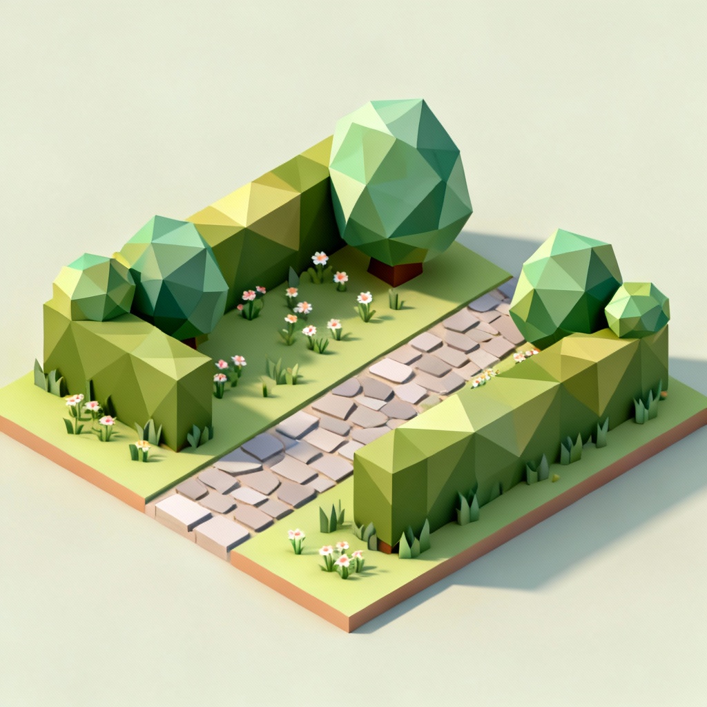 AI low-poly isometric green hedges in a stylized garden