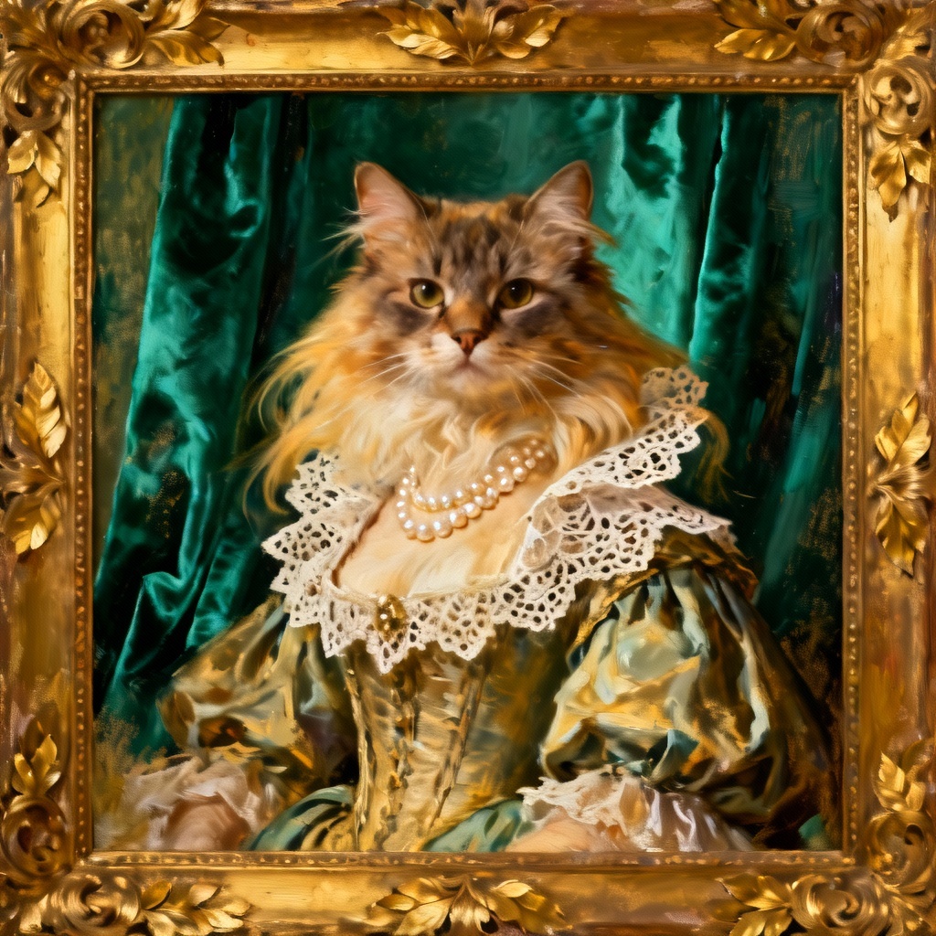 AI royal cat portrait in Victorian duchess attire