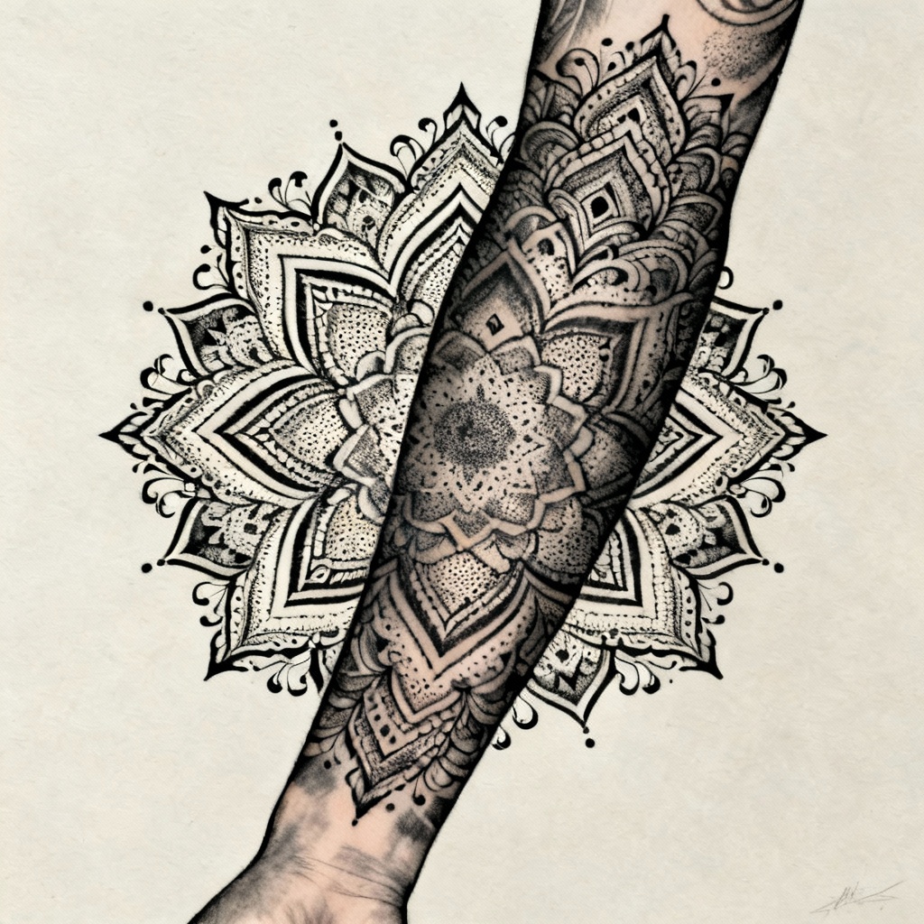 AI generated intricate ornamental mandala forearm sleeve tattoo design