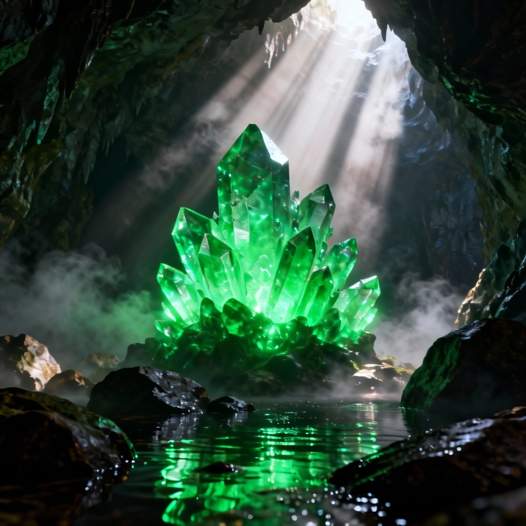 AI Fantasy green crystal cluster in cave