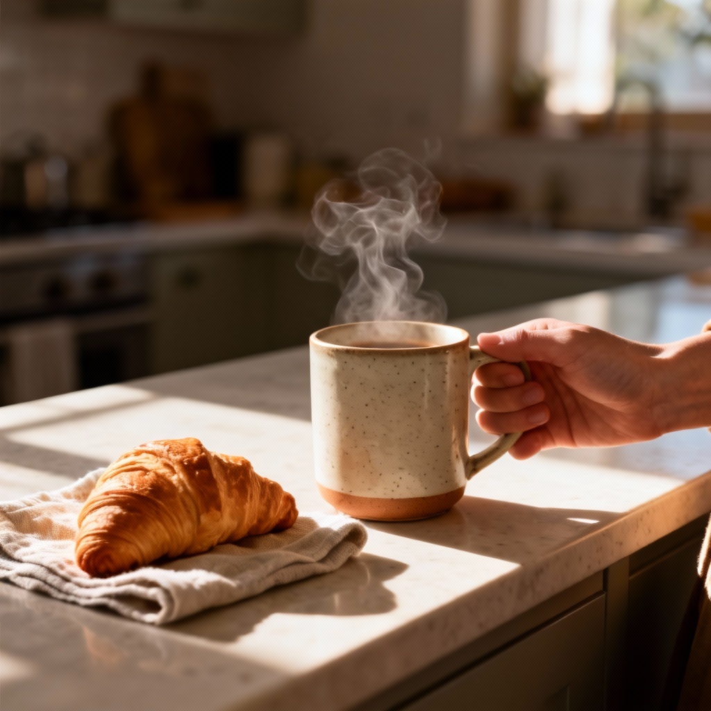 AI lifestyle image of a morning coffee routine on a sunlit counter