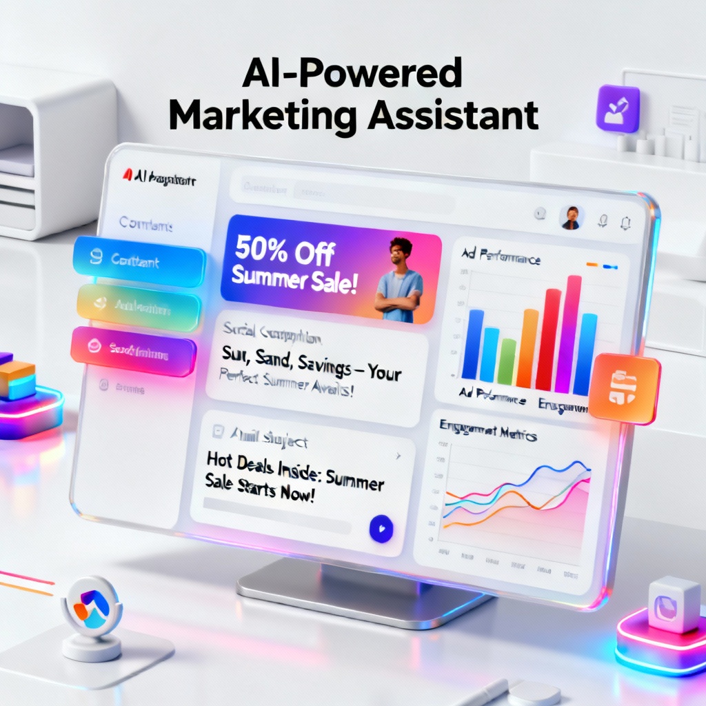 AI marketing generator creating ads, social posts, and email copy on a dashboard