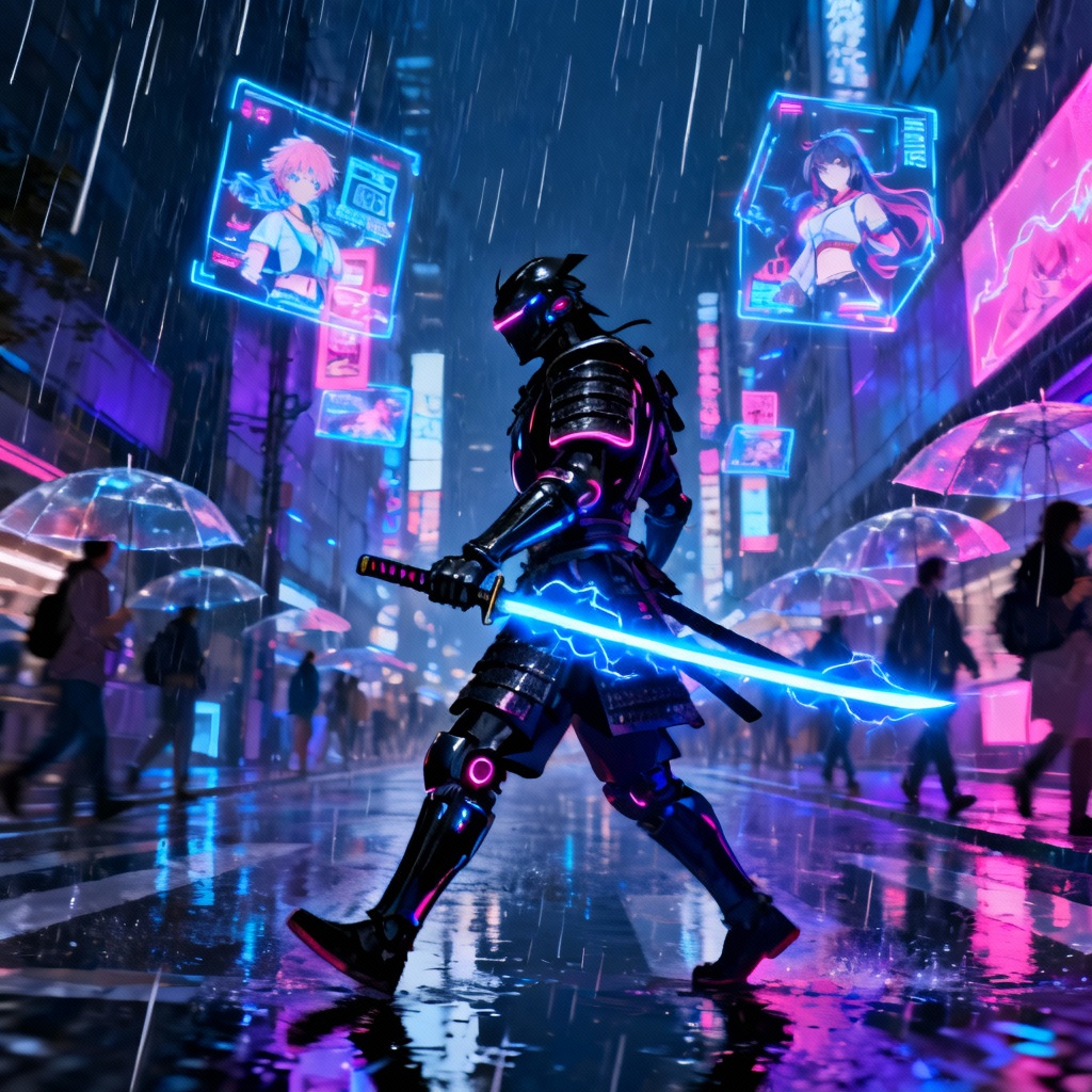 Anime cyberpunk wallpaper featuring cyber samurai crossing neon street