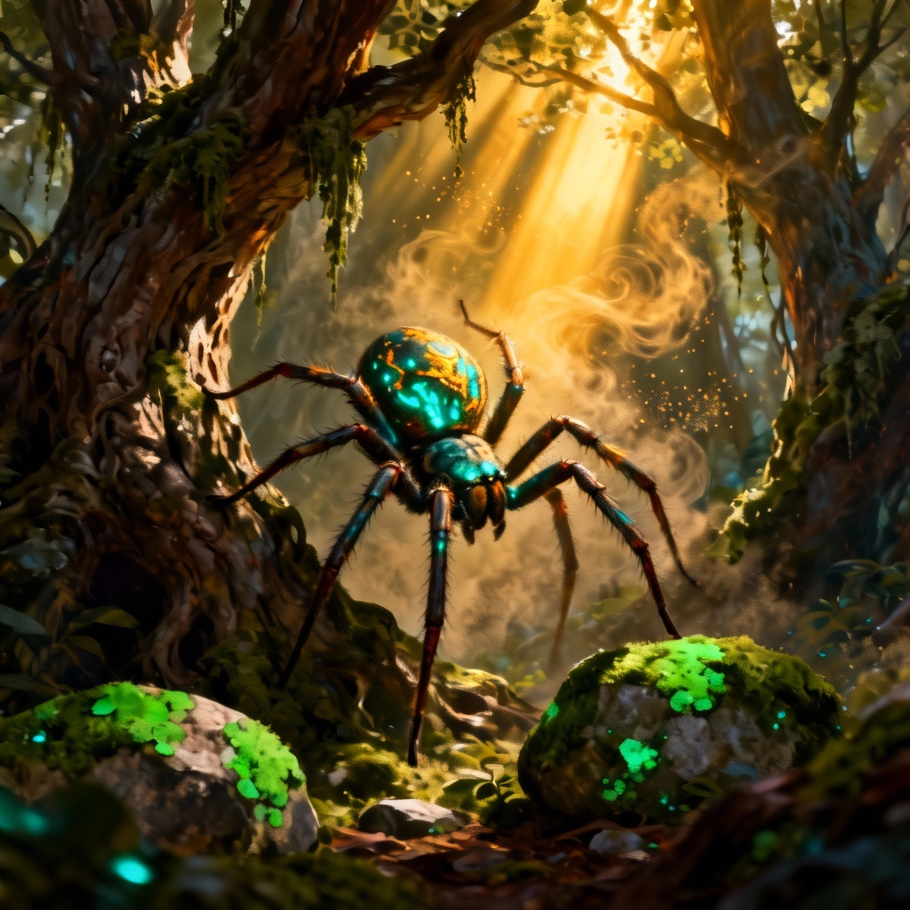 Giant fantasy forest guardian spider with bioluminescent markings