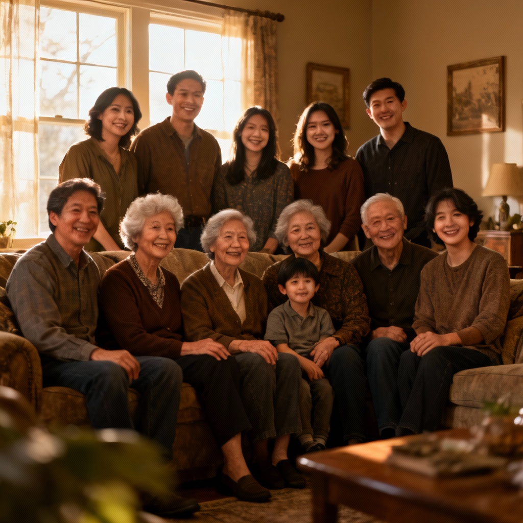 AI family reunion group portrait indoors