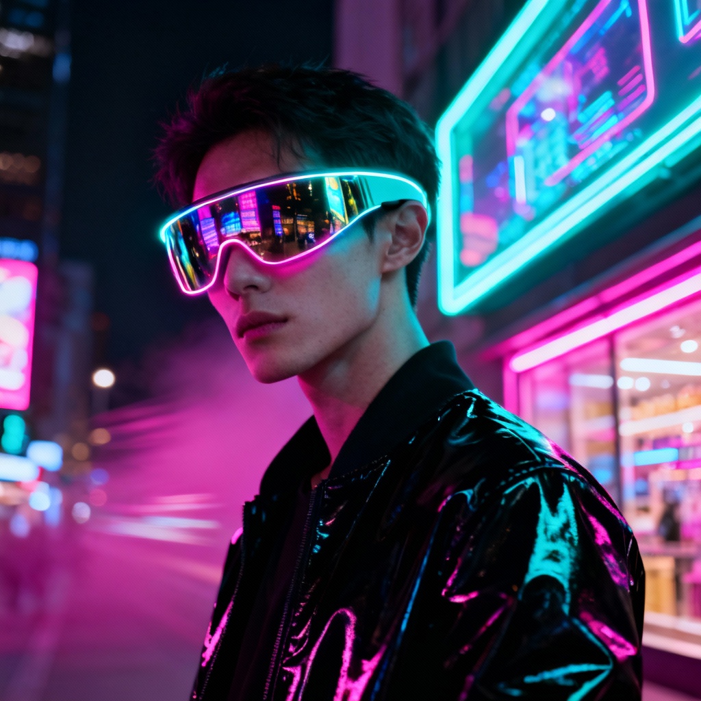 AI eyewear generator futuristic neon visor sunglasses editorial