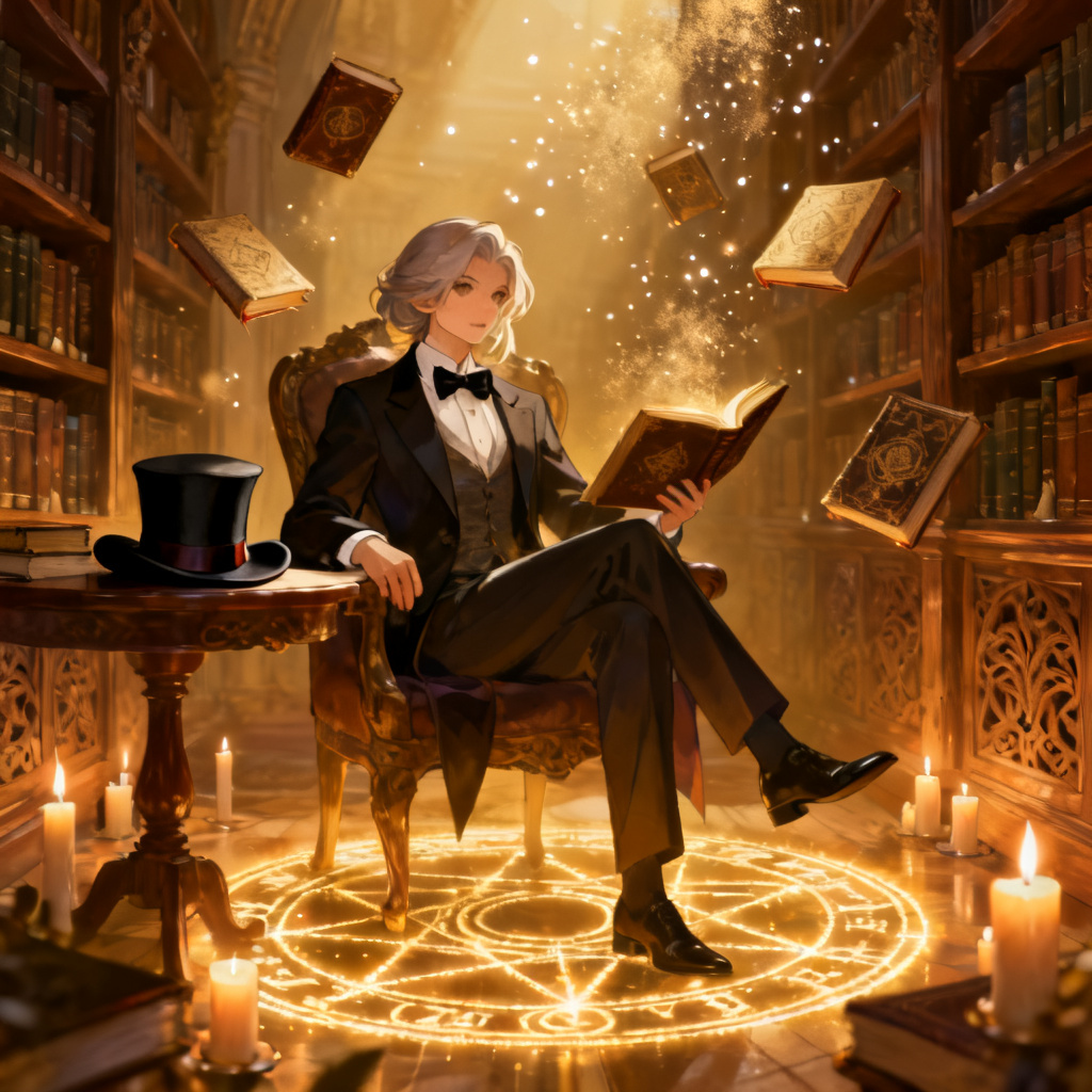 AI Zatanna-style sorceress reading in a magical library
