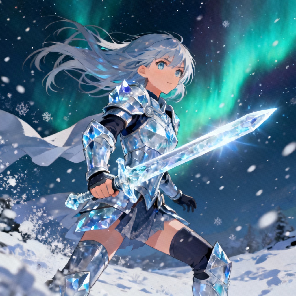 AI glacial warrior girl wielding a translucent ice blade
