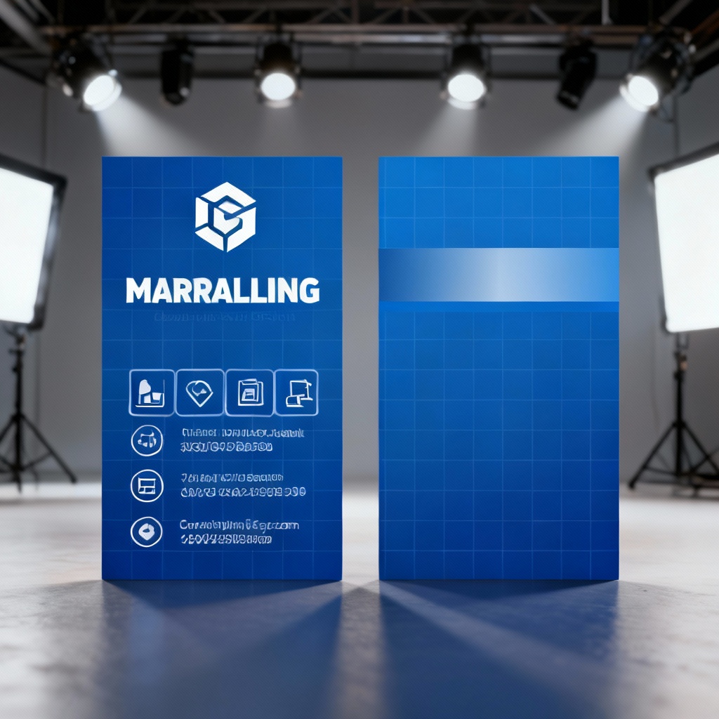 Vertical business card in corporate blue with clean layout