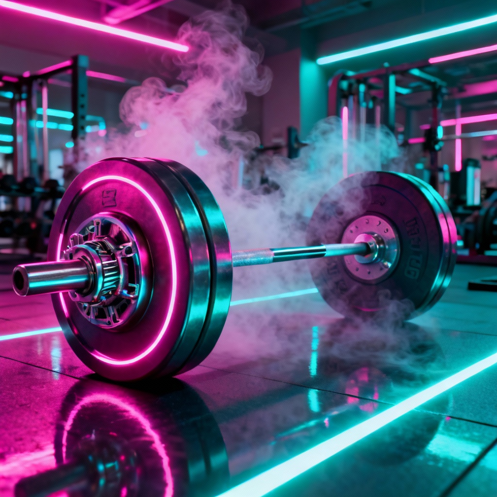 AI cyberpunk barbell in neon gym environment