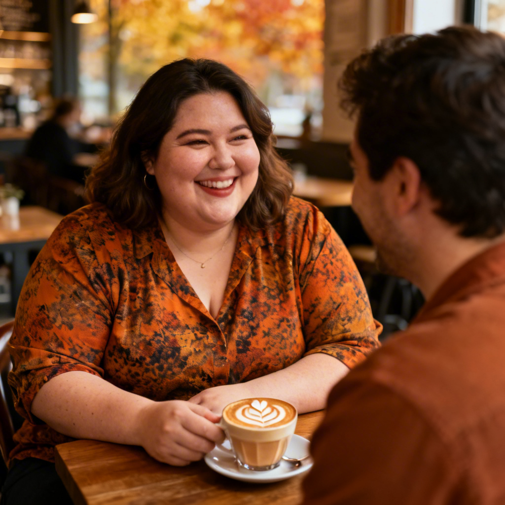 AI portrait of a chubby girlfriend on a cozy cafe date