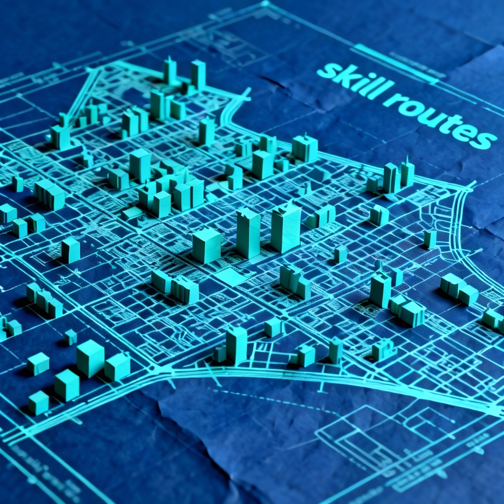 Isometric city blueprint with labeled skill routes
