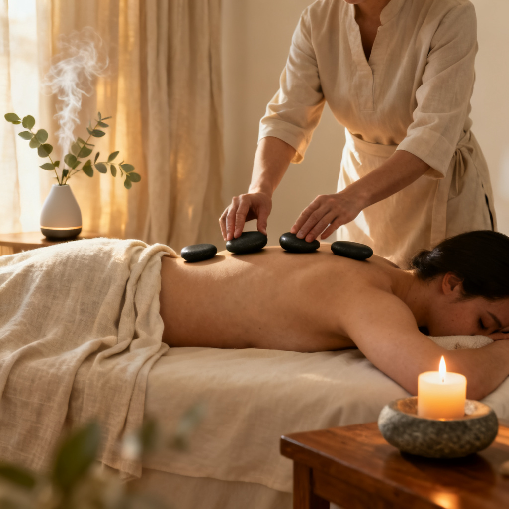 AI massage therapy scene with hot stones in a tranquil spa