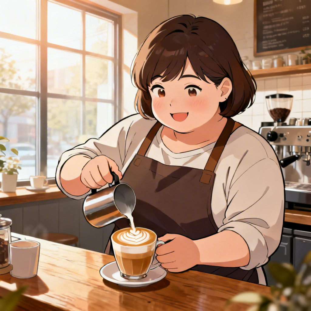 AI Manga Chubby Girl barista in a cozy cafe