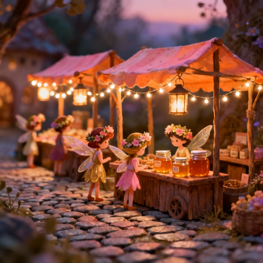 AI fairyland image of a cozy pixie market glowing at dusk