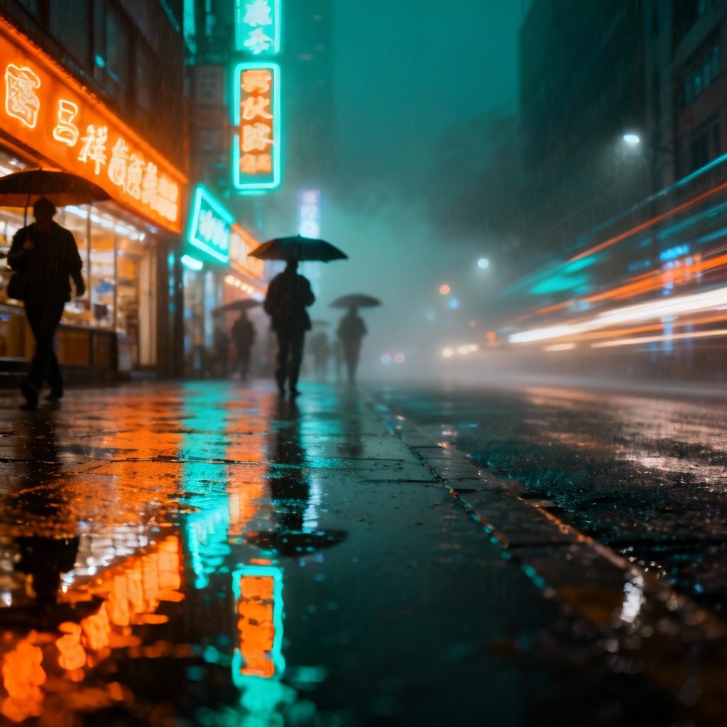 AI neon city street at night with rain and reflections