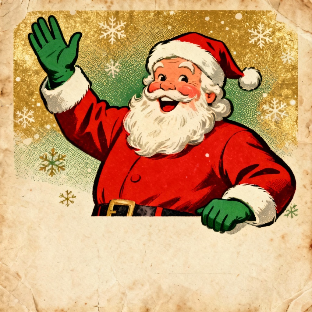 AI vintage postcard illustration of Santa waving