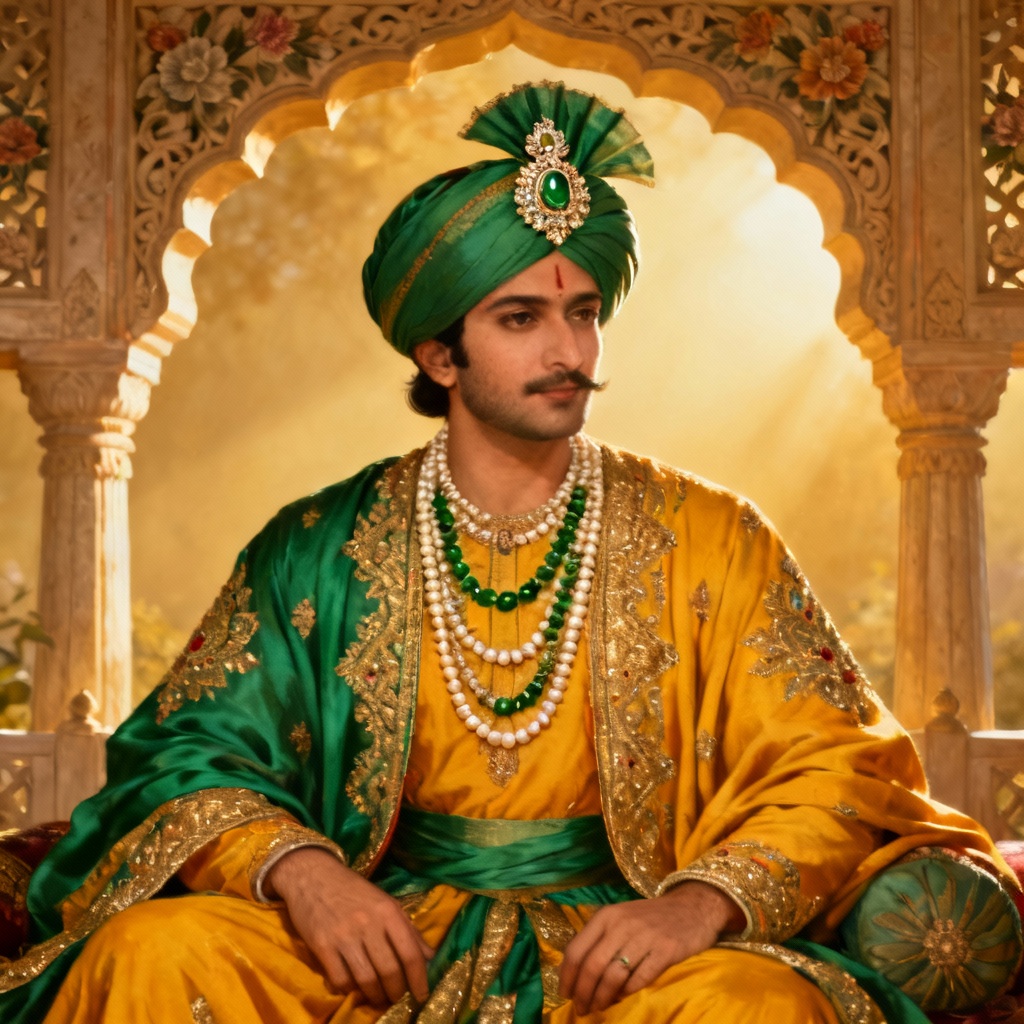 AI Mughal emperor in jewel-toned imperial robes