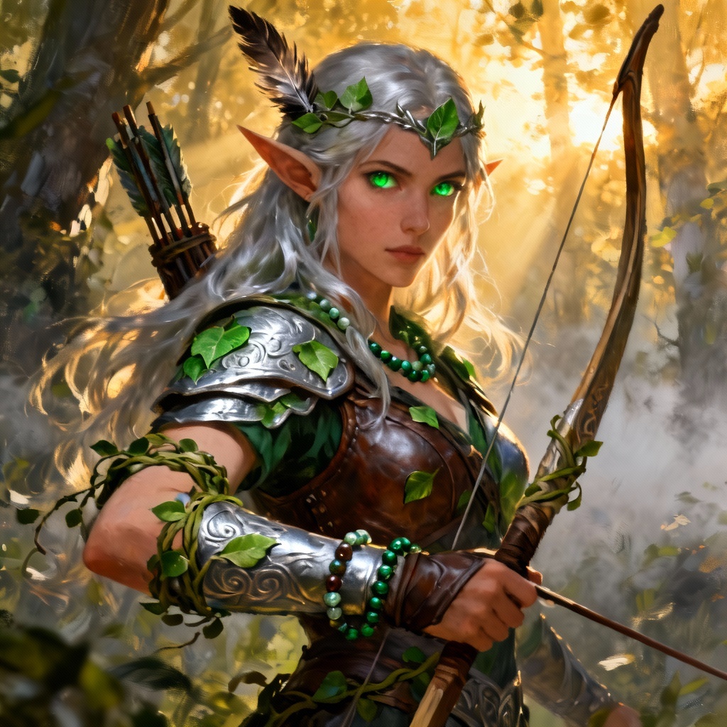 AI fantasy elf ranger with bow in misty forest