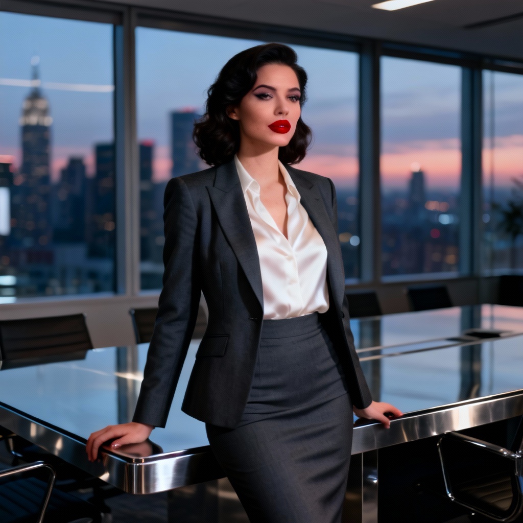 AI office siren portrait in a sleek boardroom with chrome details