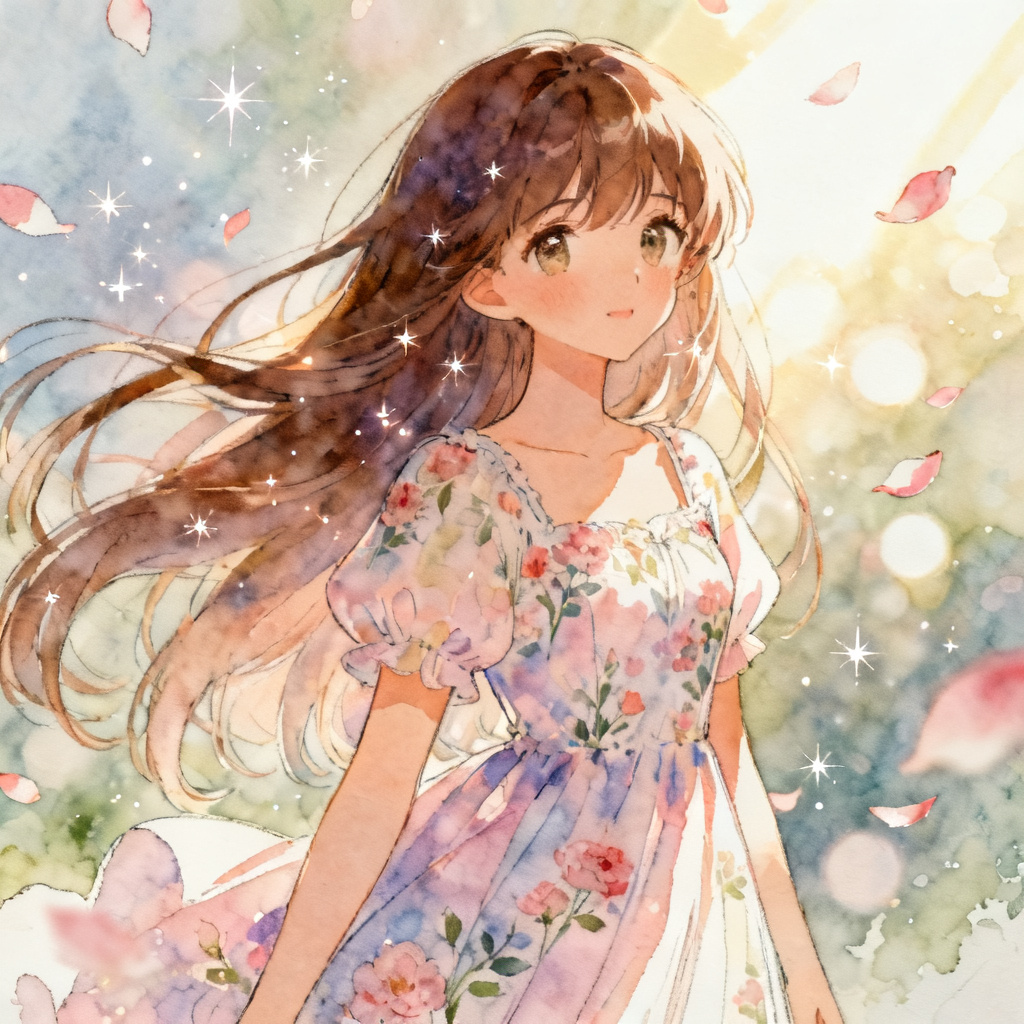 Shojo anime OC with floral dress and sparkling eyes