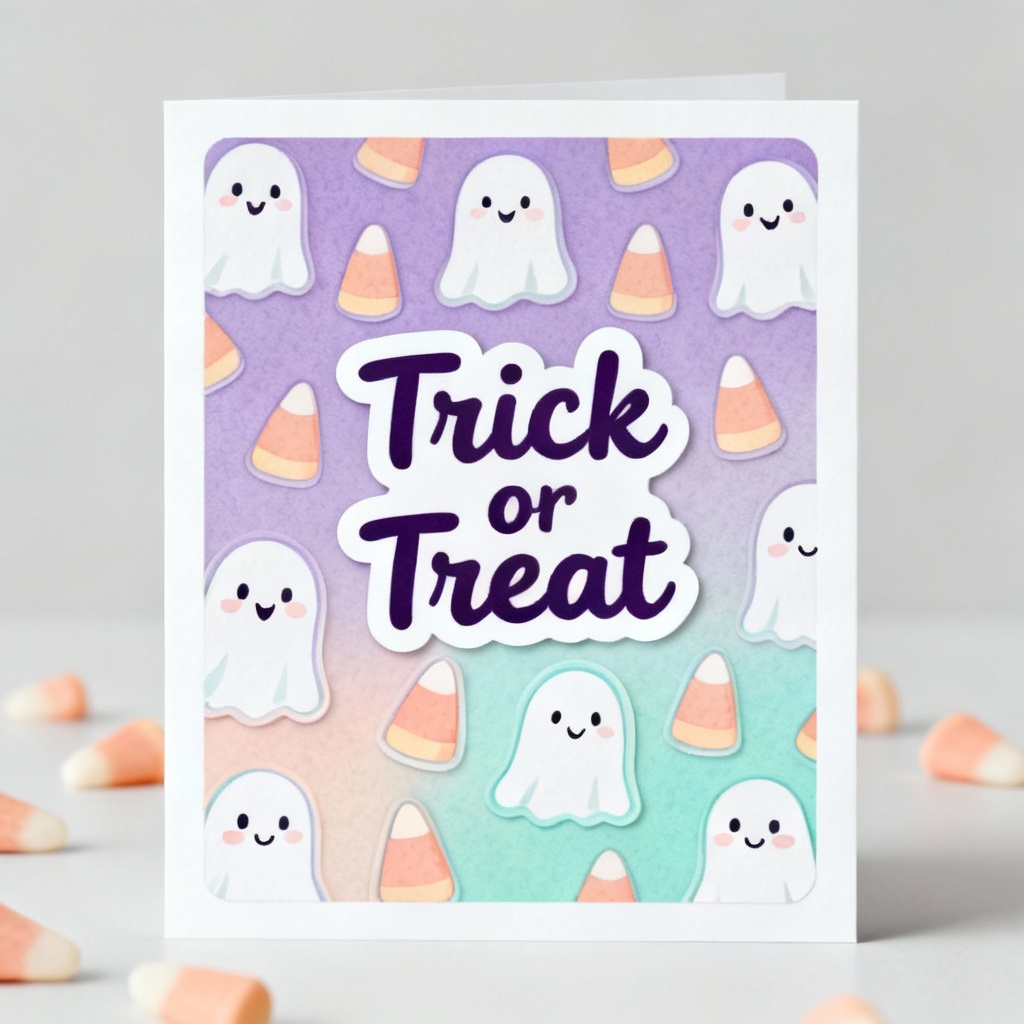 Cute kawaii Halloween card with pastel ghosts and candy