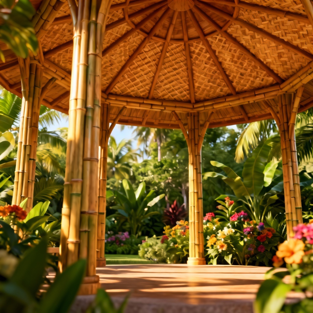 AI wooden gazebo inspired by bamboo forms in a tropical garden