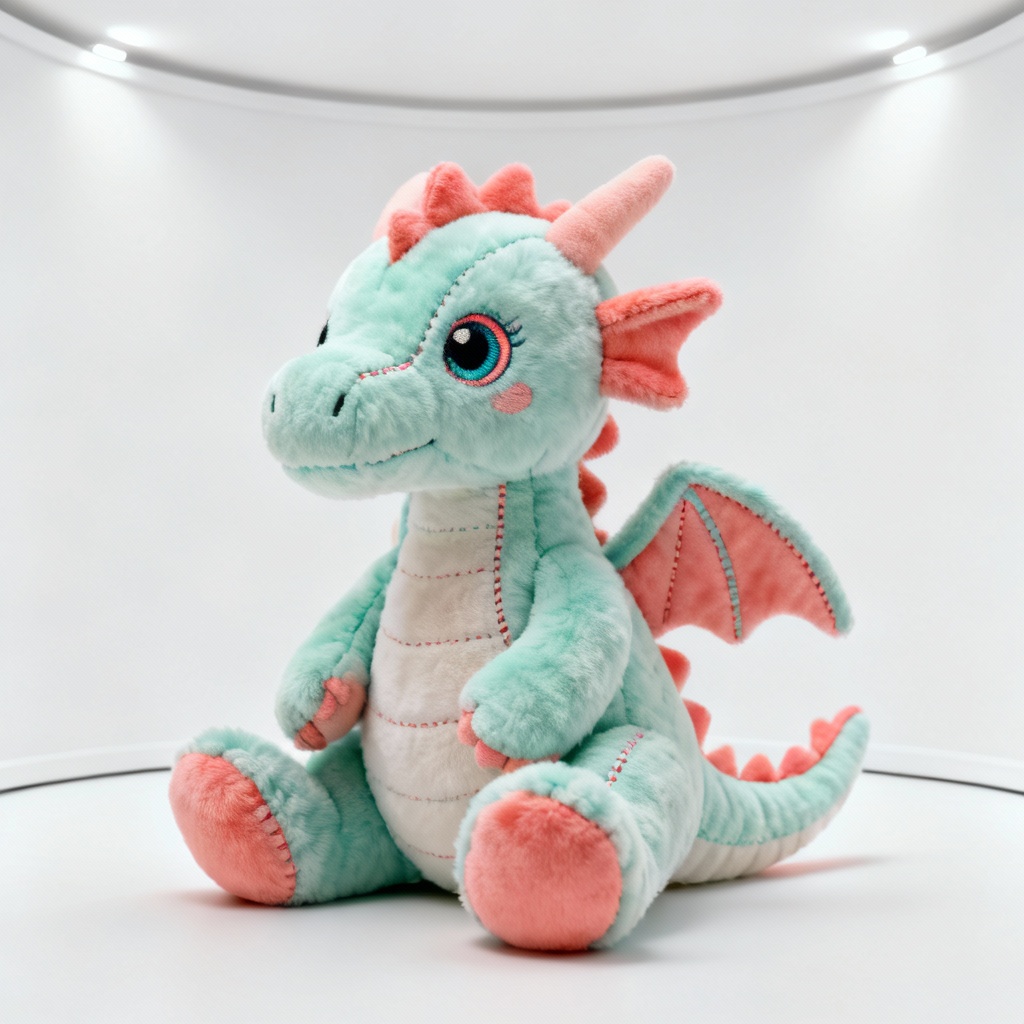 AI-generated plush dragon toy design on white background