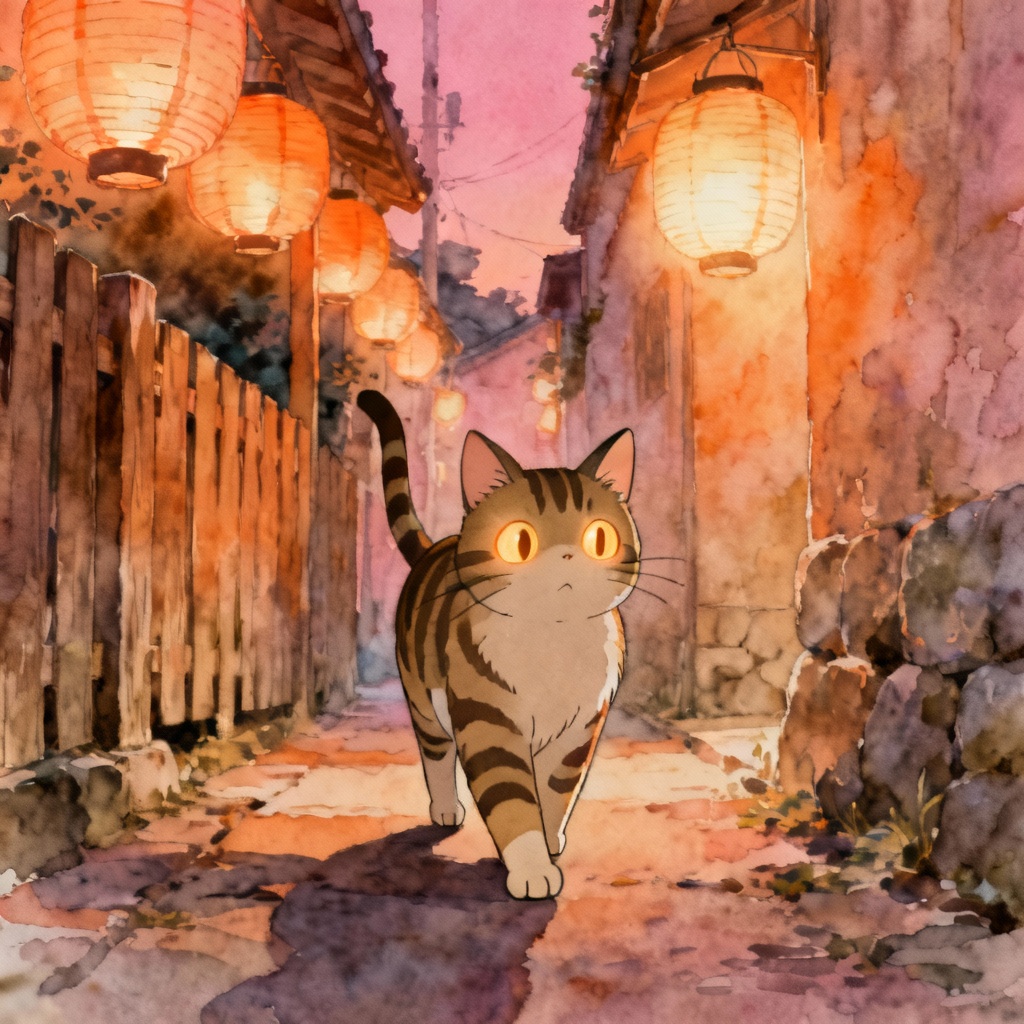 AI Ghibli cat avatar under paper lanterns