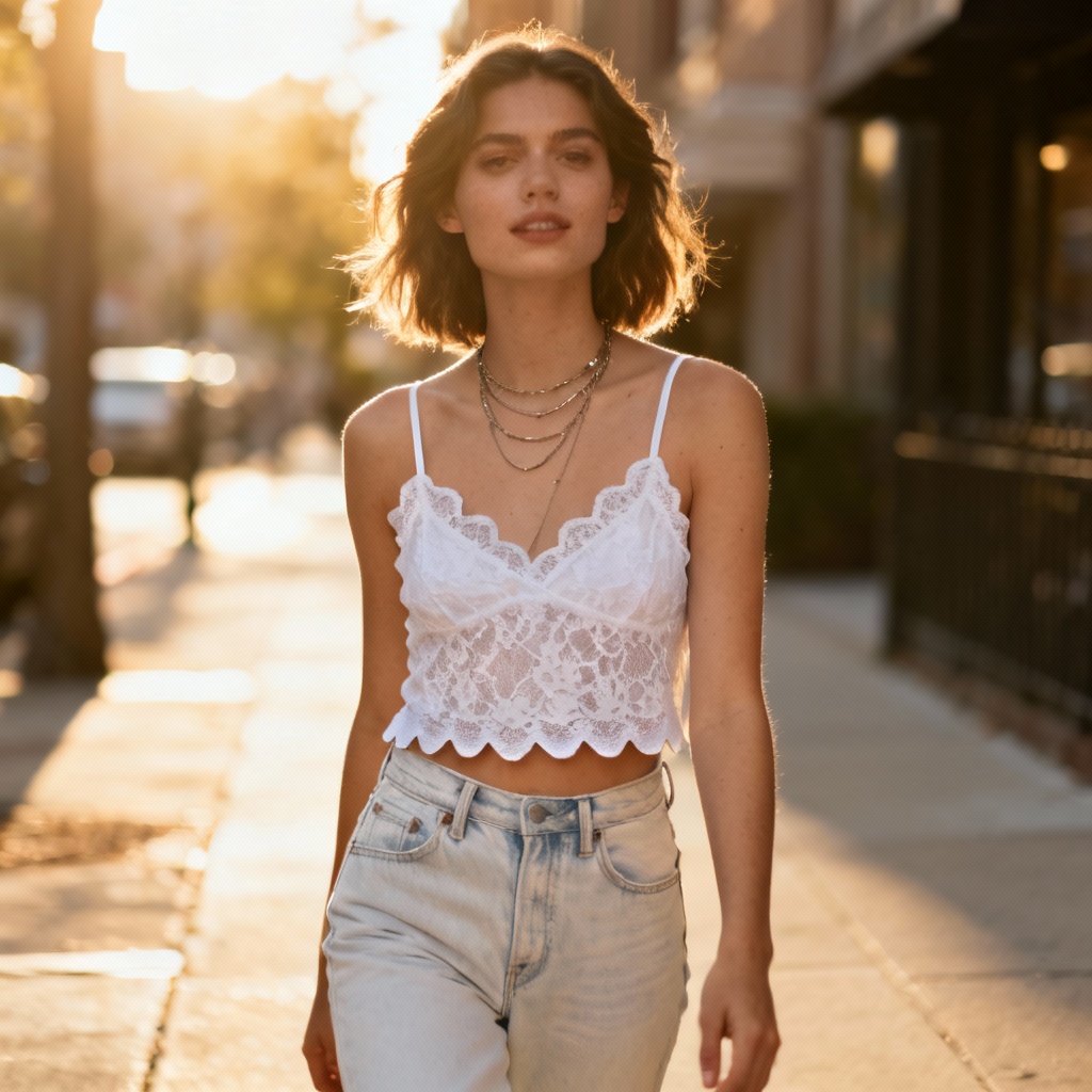 AI lace top with denim casual street outfit