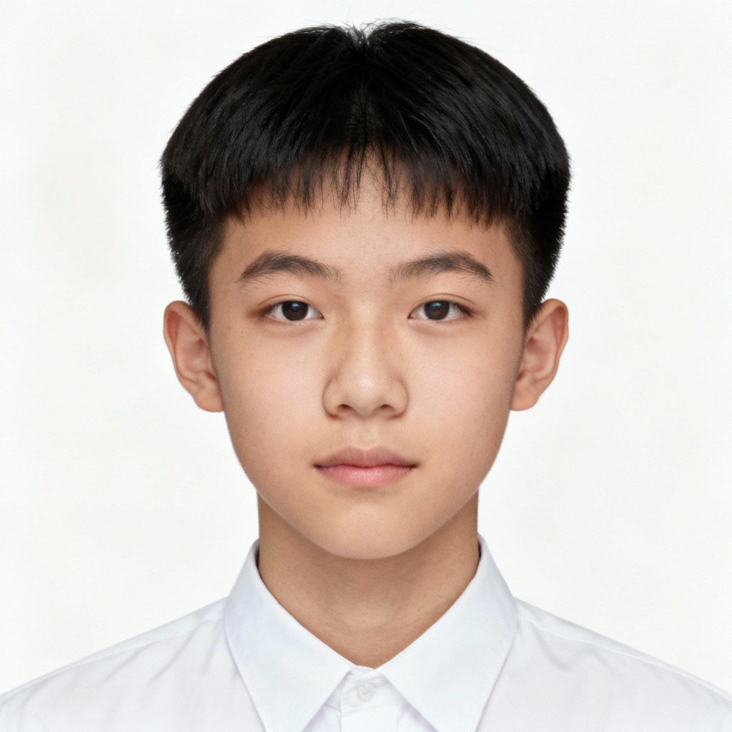 AI admission photo on white background with centered neutral pose