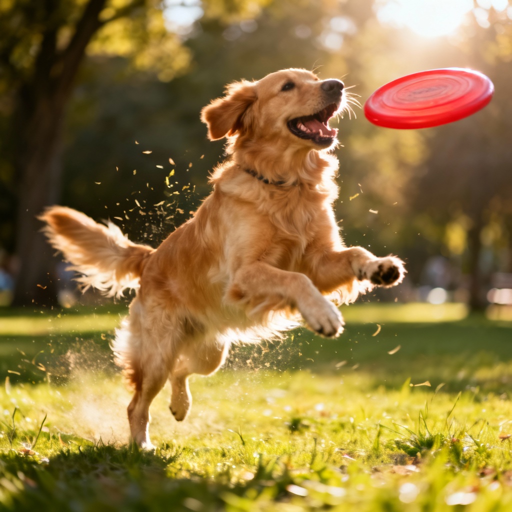 AI playful dog image of a golden retriever catching a frisbee