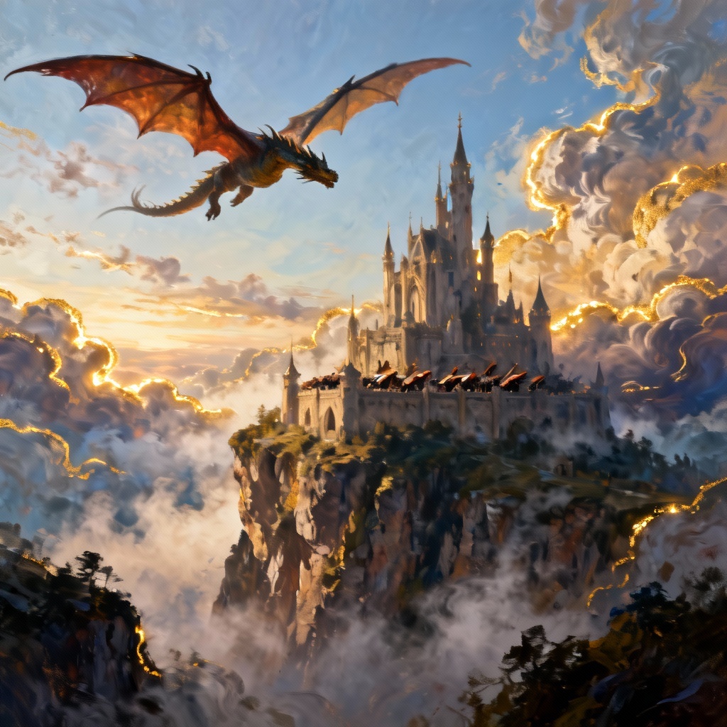 Fantasy dragon flyover above castle at dawn