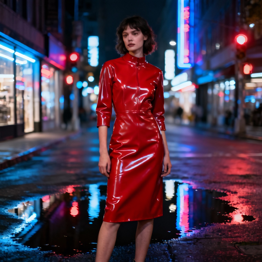 AI latex dress street fashion scene in neon city