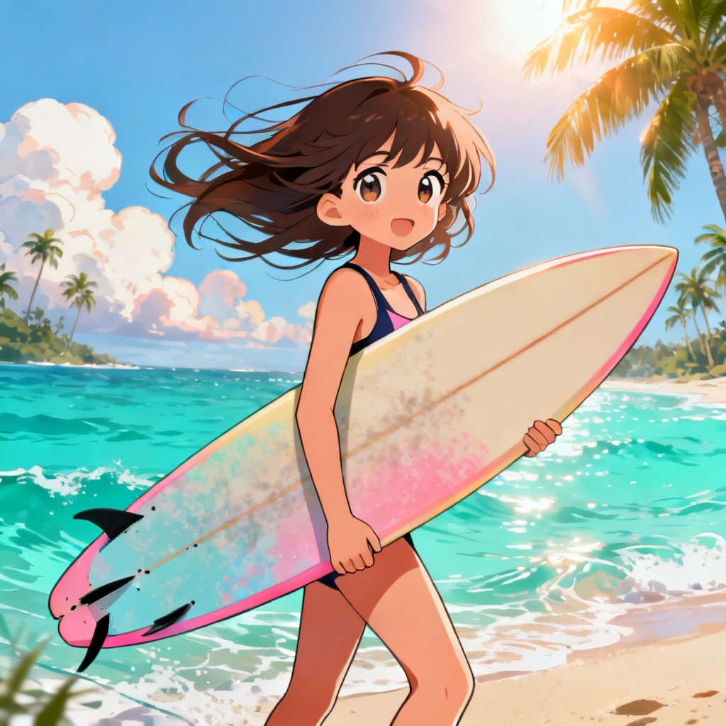 Anime surfer girl with bright board on tropical beach