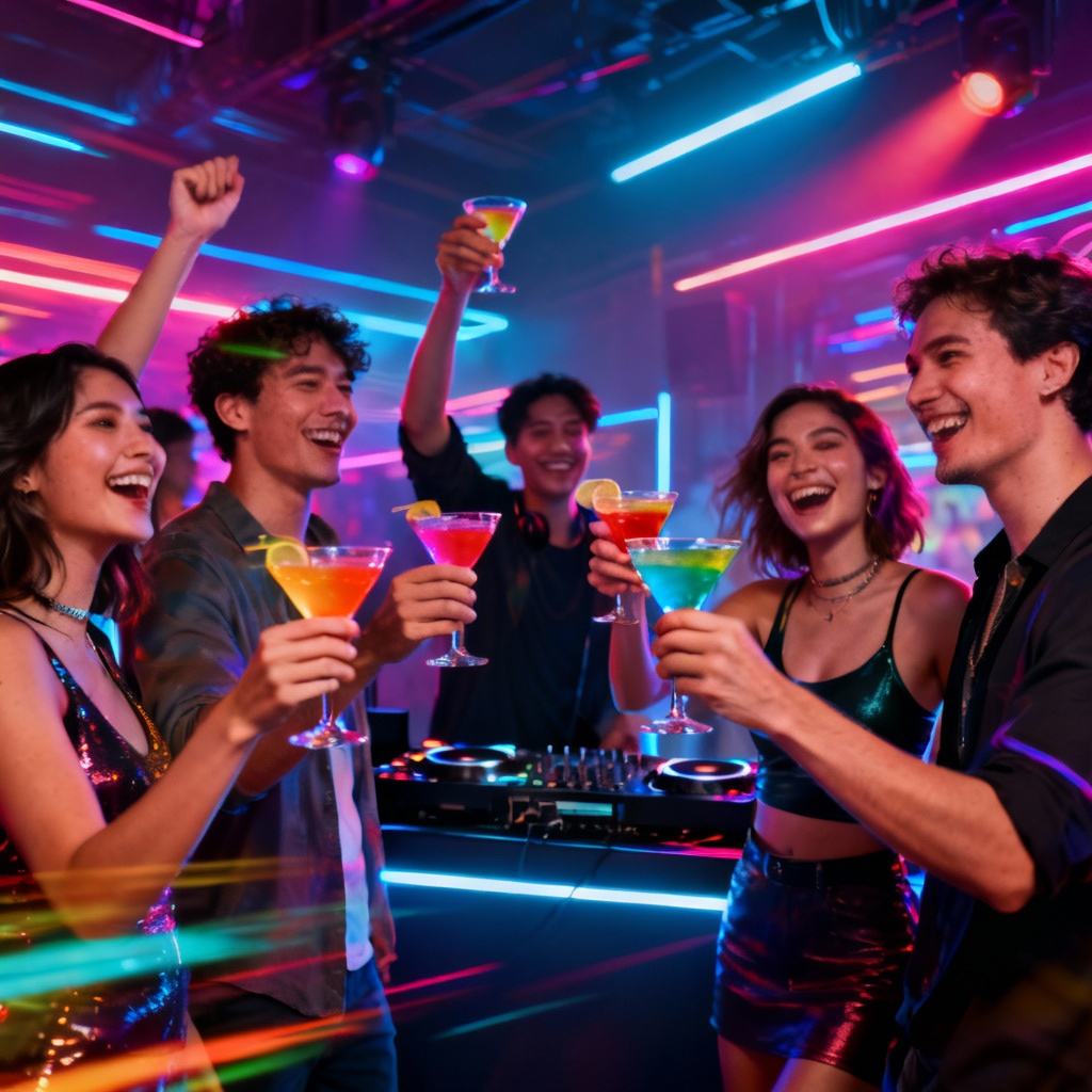 AI neon nightclub cocktail cheers