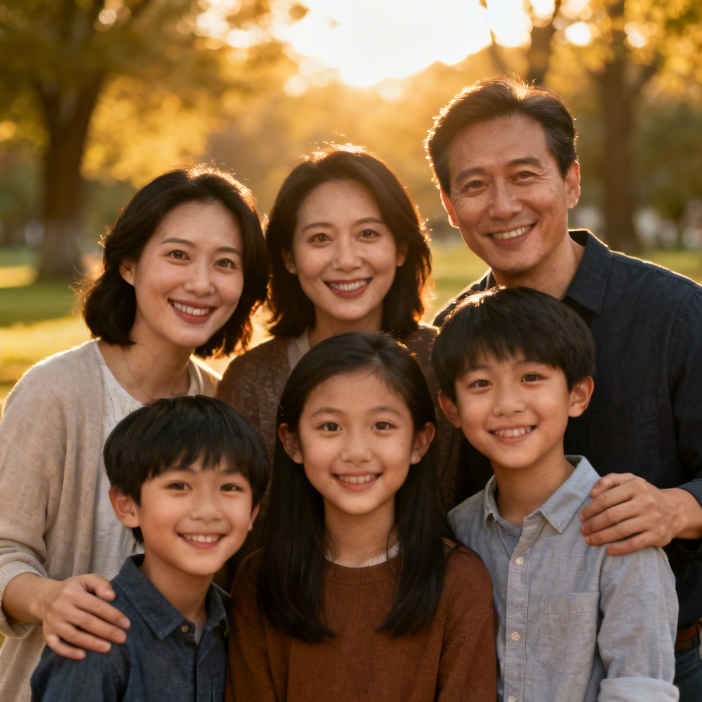 AI open eyes in a sunny family group photo