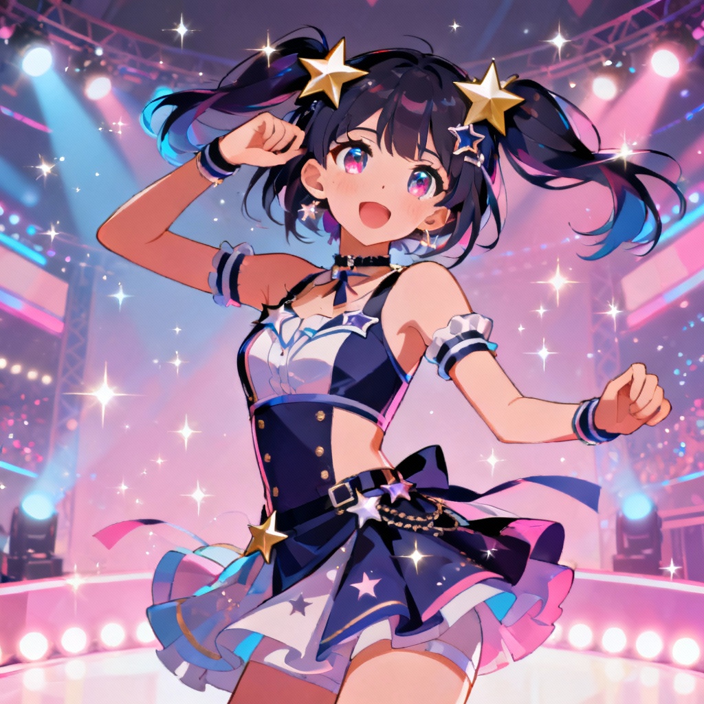 Anime idol fake girlfriend with pastel lights on stage
