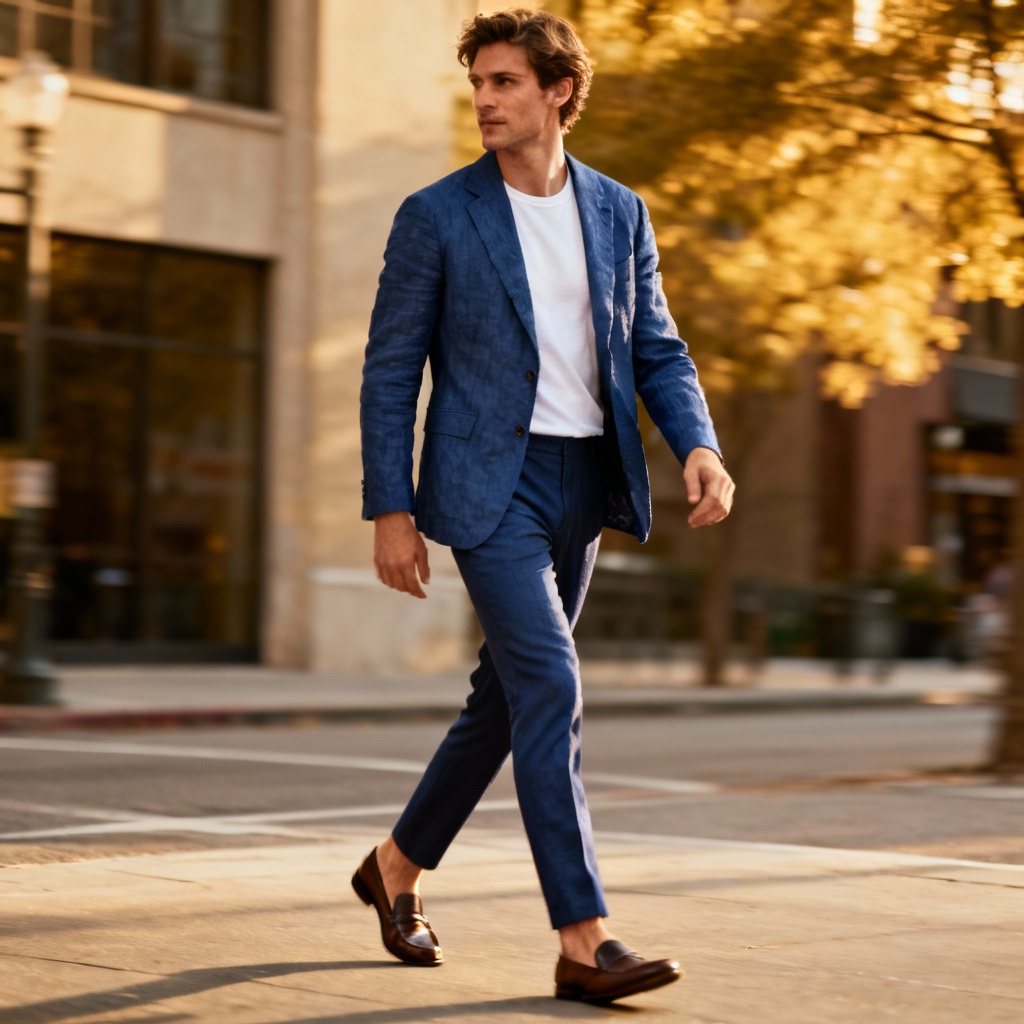 AI cobalt blue blazer street style editorial