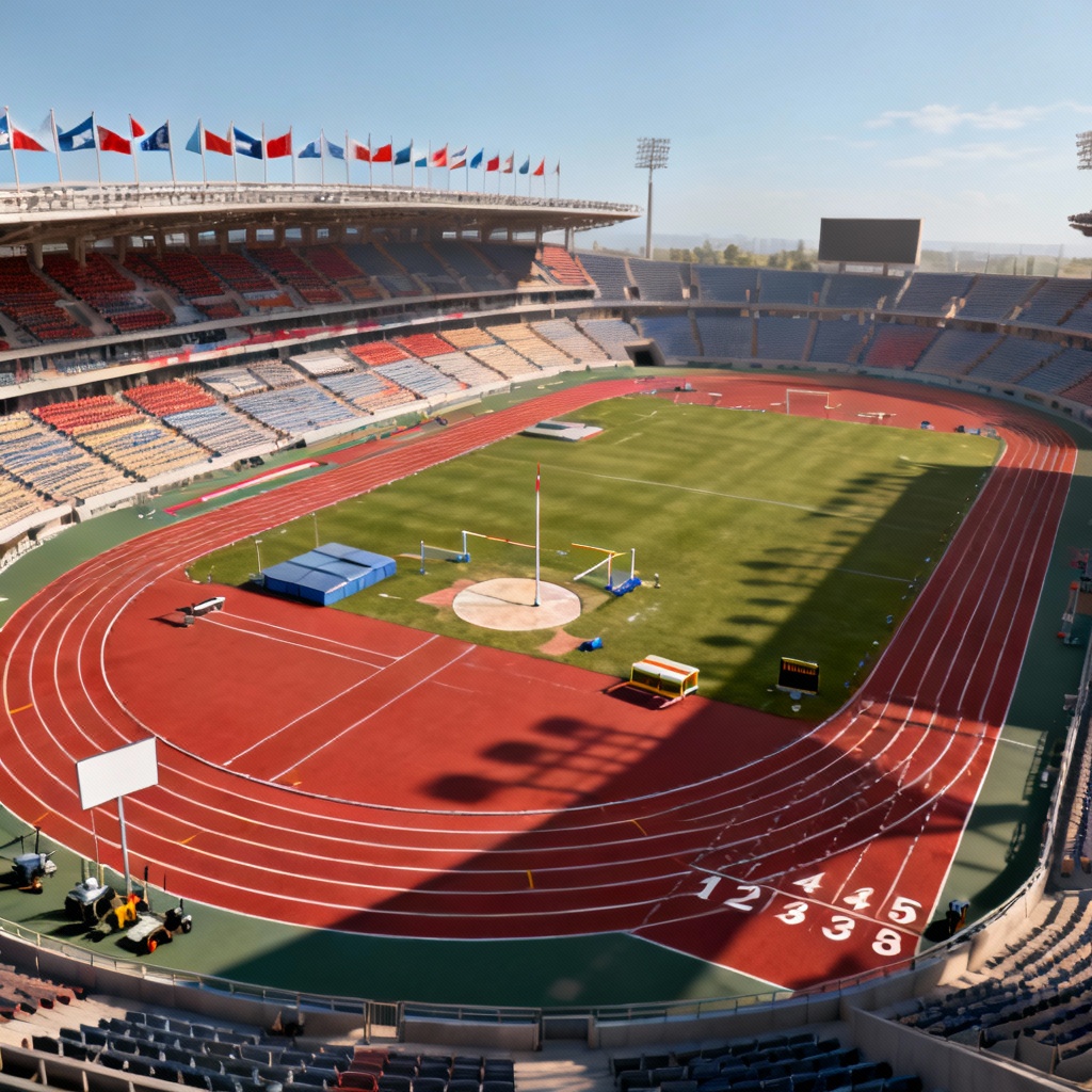 AI track and field stadium with red track and grandstands