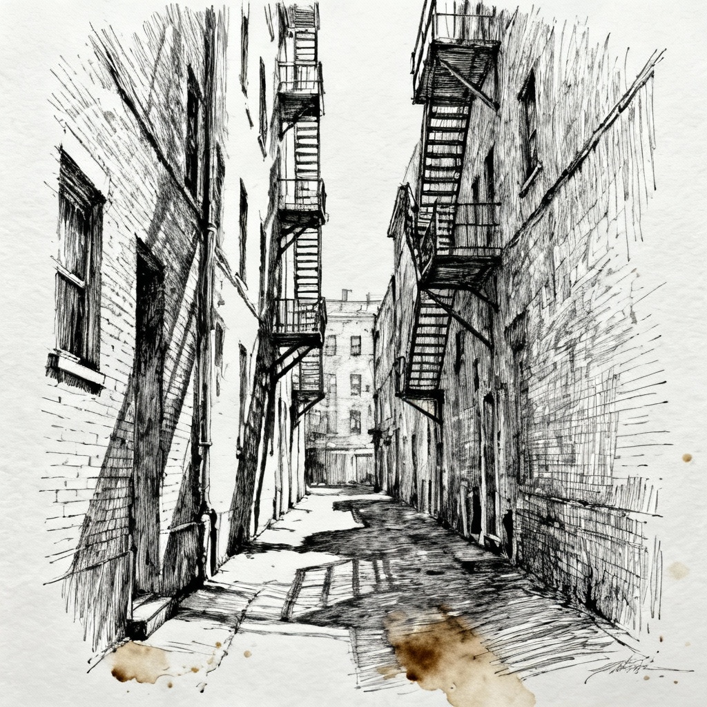 AI urban ballpoint pen sketch of alleyway