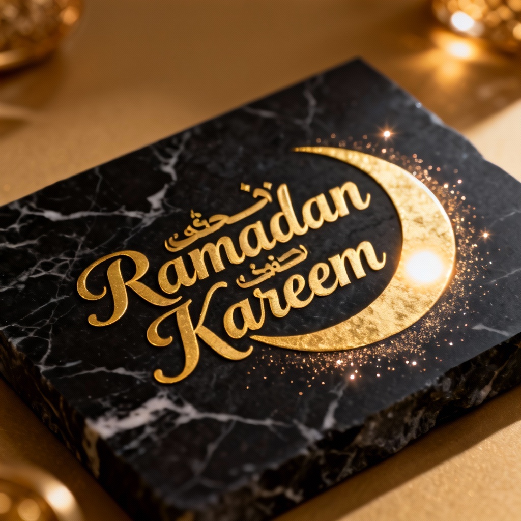 Black marble Ramadan card with gold foil calligraphy and crescent