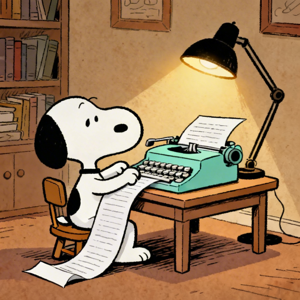 AI Snoopy style beagle typing on a vintage typewriter