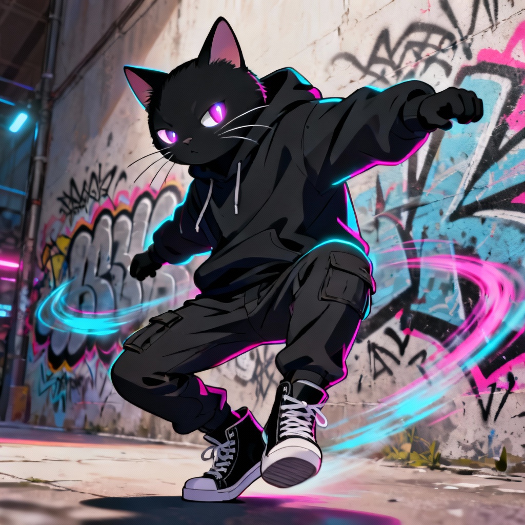 Streetwear anthropomorphic cat doing a dance pose by graffiti